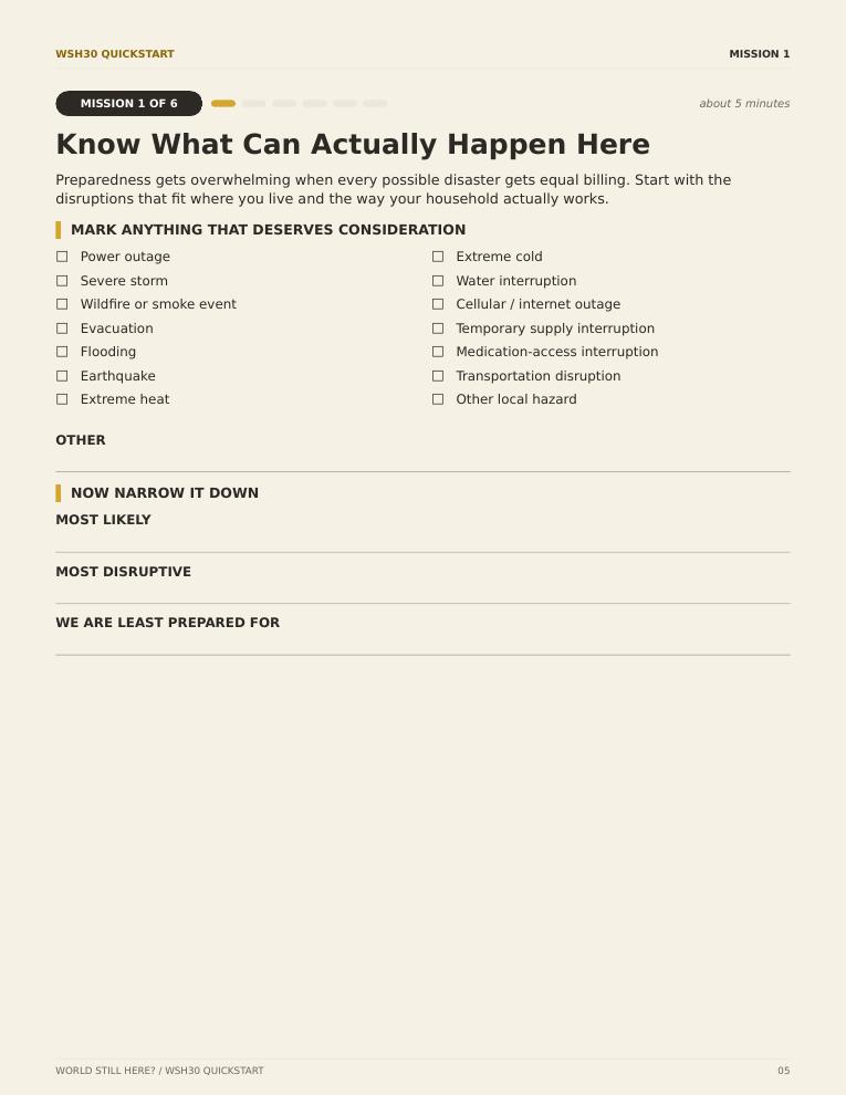 Mission 1 page: a checklist of local disruptions to consider, then space to narrow them down