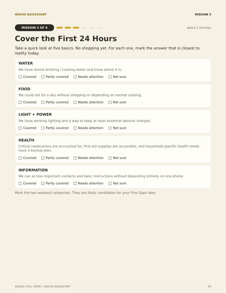 Mission 3 page: water, food, light and power, health, and information status checks